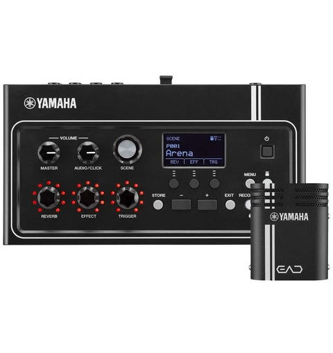 Black electronic acoustic drum module with stereo microphone and kick trigger for hybrid drum set, shown in front view.