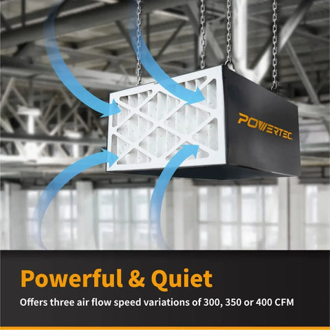 Heavy Duty 3 Speed Air Filtration System With RF Remote Control For Garage And Workshop, featuring dual layer filters and airflow directions.