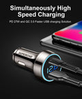 Next Gen Pure Copper Usb C Car Charger With 45 Watt Dual Port Fast Charging, sleek design with digital display and USB ports.