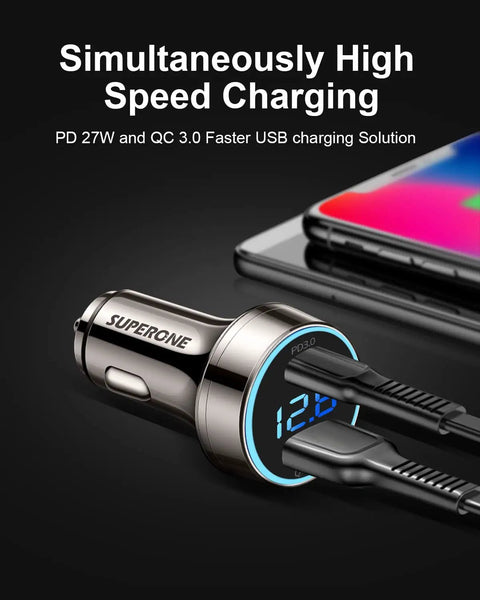 Next Gen Pure Copper Usb C Car Charger With 45 Watt Dual Port Fast Charging, sleek design with digital display and USB ports.