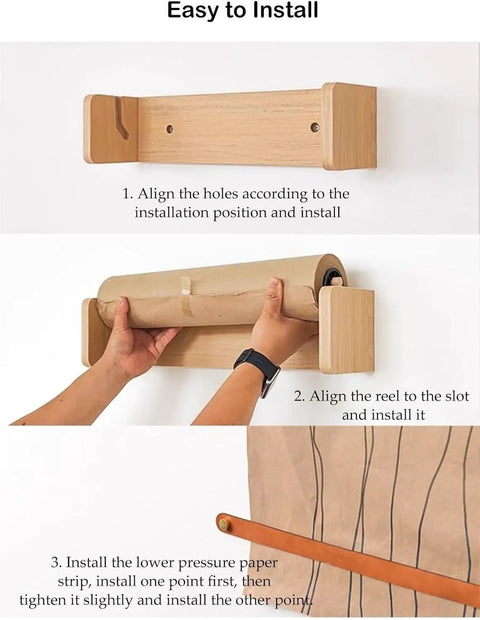 Installation steps for Snag This Heavy Duty Wooden Paper Dispenser With Serrated Cutter And Fast Rip Kraft Roll Holder. Easy wall mount.