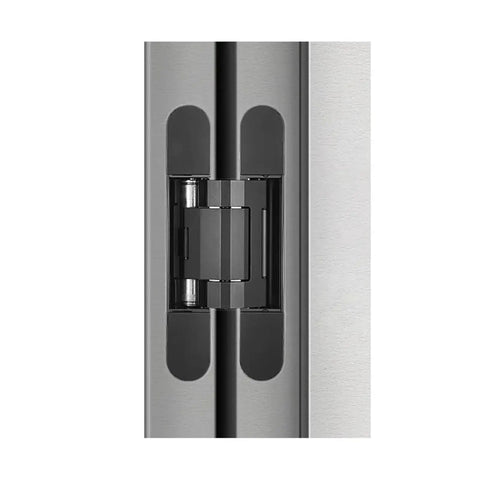 Close-up of door hinge with 180 degree swing and 120kg load capacity concealed recessed mount for thick solid doors no visible hardware