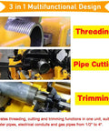 Top Shelf 220 Volt Electric Pipe Threader And Cutter Machine Featuring Kickass Bspt And Npt Die Sets For Effortless One Half To 4 Inch Pro Grade Metal Job Work showing threading, cutting, and trimming functions.