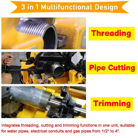 Top Shelf 220 Volt Electric Pipe Threader And Cutter Machine Featuring Kickass Bspt And Npt Die Sets For Effortless One Half To 4 Inch Pro Grade Metal Job Work showing threading, cutting, and trimming functions.