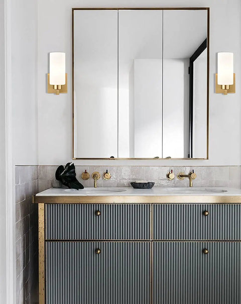 Gold Wall Sconce Set Of 2 Dimmable Vanity Lights With Milky White Cylinder Glass Shades beside bathroom mirror