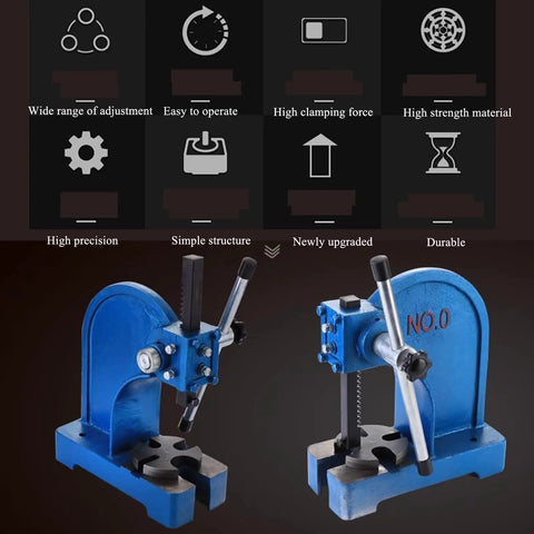 Heavy Duty Manual Arbor Press Rock Solid Cast Iron Desktop Punch Machine, blue, showing dual handles for stamping and bending.