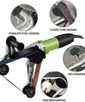 Powerful 800W Electric Round Tube Polisher Sander Machine High Speed Belt Grinder For Stainless Steel Polishing Flexible Sanding Tool showing sanding tool on stainless steel and curved tubes.