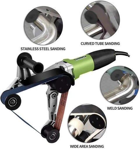 Powerful 800W Electric Round Tube Polisher Sander Machine High Speed Belt Grinder For Stainless Steel Polishing Flexible Sanding Tool showing sanding tool on stainless steel and curved tubes.