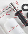 Multipurpose Kitchen Sink Soap Dispenser In Brushed Nickel With A Standard 1 To 1.25 Inch Hole Fit, parts and measurements displayed