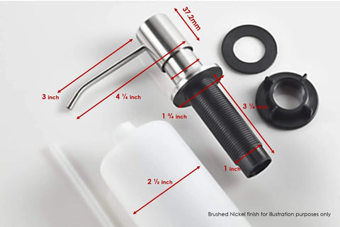 Multipurpose Kitchen Sink Soap Dispenser In Brushed Nickel With A Standard 1 To 1.25 Inch Hole Fit, parts and measurements displayed