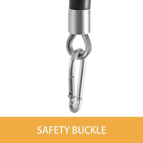 Close-up of a Heavy Duty Spring Balancer Tool Holder Retractable 11 To 19 Lbs 5 To 9 Kg with wire rope and metal hook, yellow finish.