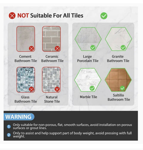 Tile suitability guide for Two Pack Suction Shower Grab Bars For Bathtubs And Showers, indicating compatible and incompatible tiles.