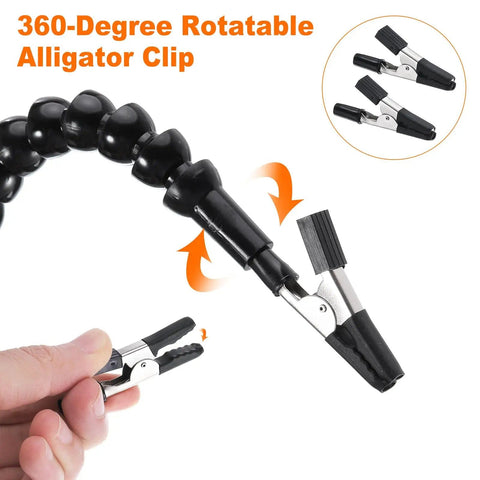 Close-up of a rotatable alligator clip on a Soldering Helping Hands Clamp Stand With Flexible Gooseneck Arms, showing 360-degree rotation.