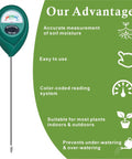 Super Handy No Guesswork 304 Stainless Steel Soil Moisture Meter With Instant Read Hygrometer next to feature list