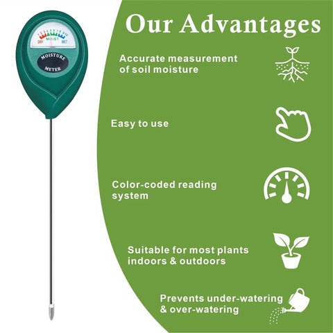 Super Handy No Guesswork 304 Stainless Steel Soil Moisture Meter With Instant Read Hygrometer next to feature list
