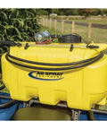 25 Gallon ATV UTV Spot Sprayer With 2.2 GPM 12V Diaphragm Pump, mounted on ATV, shown in yellow poly tank, outdoors.