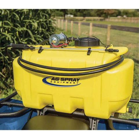 25 Gallon ATV UTV Spot Sprayer With 2.2 GPM 12V Diaphragm Pump, mounted on ATV, shown in yellow poly tank, outdoors.
