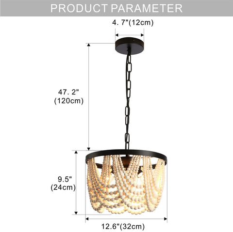 Farmhouse Boho Flush Mount Ceiling Light Three Light Wood Bead Chandelier dimensions with black metal frame