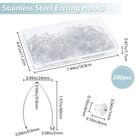 200 Pcs V Shape Stainless Steel Earring Hooks 19 Gauge Drop Ear Wires For Jewelry Making DIY Earring Findings Hoops In Handy Box
