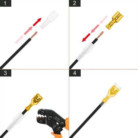 Grab This Ultimate 480-Piece U-Shaped Terminal Kit With Snazzier Cold Inserts And Small Teeth Terminals Perfect For Wiring Up To 1.5mm² Plus Heat Shrinkable Sleeves For Durable Male Female Spade Connectors That Are Totally Rad For Any Hotshot DIYer. 480-piece spade connector kit, 2.8-6.3mm, copper with heat shrink sleeves, wiring process
