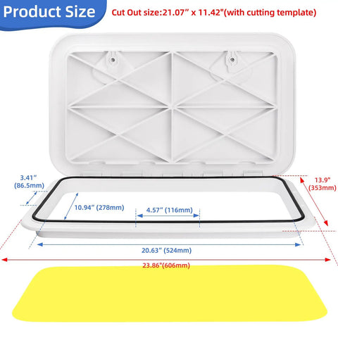 White Rectangle Boat Hatch Lid 24 By 14 Inch Deck Access Door Cover For Bass Boat John Boat Fishing Skiff Sailboat Yacht And RV Camper Van Durable Weatherproof Two Pack with size dimensions.