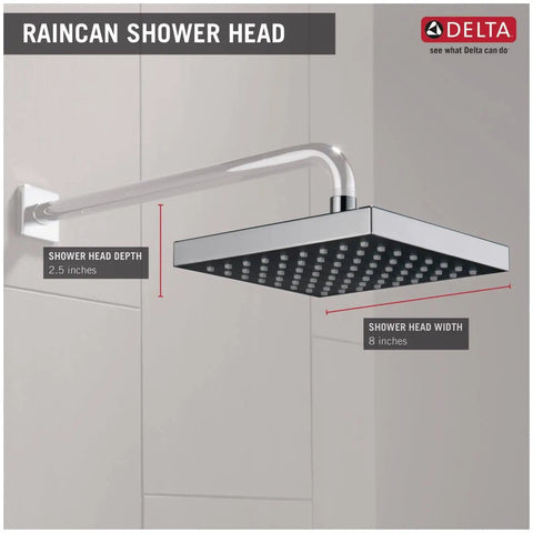 Chrome 8 Inch Square Rain Shower Head With Soft Rain Spray For A Dope Spa-Like Shower, Overhead Design in a bathroom setting.
