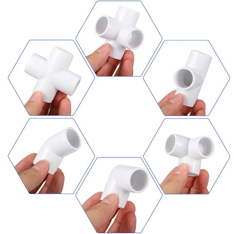 Assorted connectors from 42-Piece Half Inch PVC Pipe Fittings Elbow Set For Greenhouse Shed Tent DIY Projects And Furniture Builds Heavy Duty