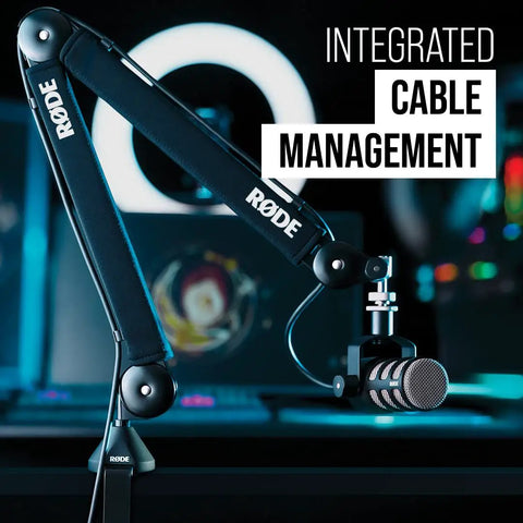 PSA1+ Pro Studio Desk Boom Arm With Spring Damping, Cable Management, And 360 Degree Rotation, featuring a mounted microphone, black.