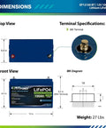 Dimensions of EP12100 BT 12V 100Ah Lithium LiFePO4 battery with terminal specifications, top and front views, weight 27 lbs.