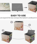 Dang Tough Heavy Duty Foldable Oxford Fabric Storage Cubes With Snazzy Floral Swirls Cover shown in steps of assembly, compact size for easy setup.