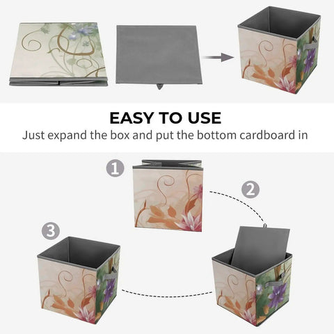 Dang Tough Heavy Duty Foldable Oxford Fabric Storage Cubes With Snazzy Floral Swirls Cover shown in steps of assembly, compact size for easy setup.