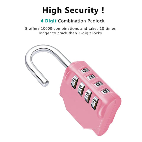 Pink plastic four-digit combination padlock with a silver U-shaped shackle for outdoor use