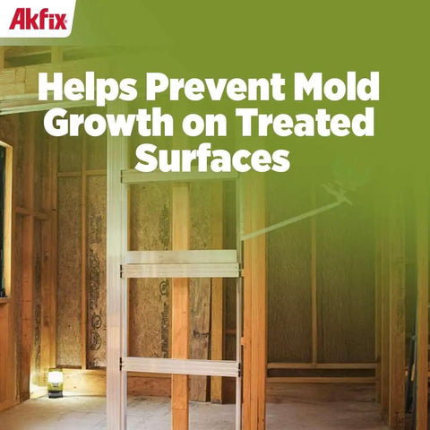 Interior room with wooden studs highlighting mold prevention benefits of Akfix insulation product.