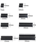 Image showing dimensions of 122Pcs DIP IC Socket Set, 2.54mm Pitch Solder Type Adapters in various sizes for DIY projects.