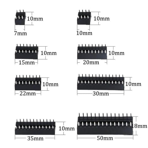 Image showing dimensions of 122Pcs DIP IC Socket Set, 2.54mm Pitch Solder Type Adapters in various sizes for DIY projects.