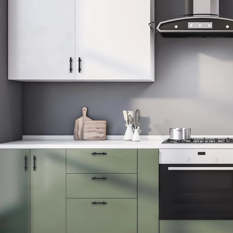 Black Cabinet Pulls 25 Pack, 3 Inch Hole Center, installed on white and green kitchen cabinets