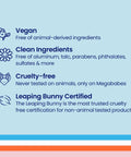 Infographic describing anti-chafe stick as vegan, clean ingredients, cruelty-free, and Leaping Bunny certified.