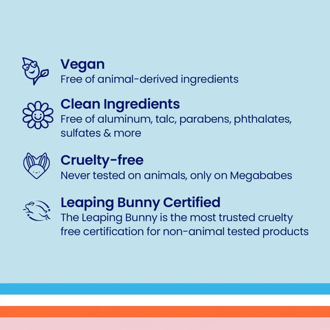 Infographic describing anti-chafe stick as vegan, clean ingredients, cruelty-free, and Leaping Bunny certified.