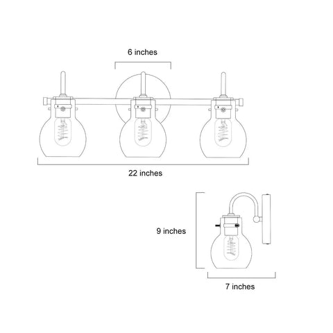 Diagram of Gold 3 Light Vanity Light Fixture Over Mirror With Globe Clear Glass Shades, dimensions 22x7x9 inches.