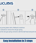 Step-by-step guide for installing 15 Inch Gas Strut Lift Support For Camper Shell And Truck Topper; shows screwdriver use
