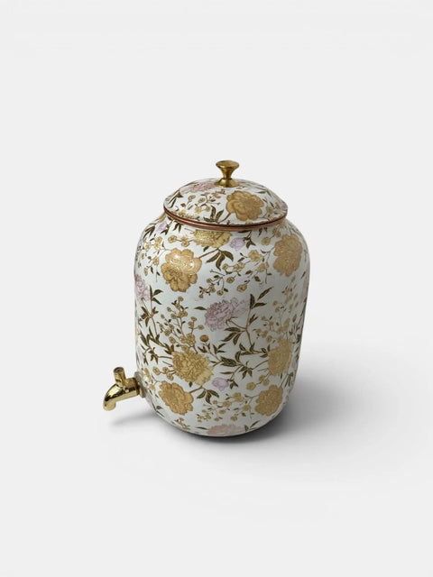 White Enamel Copper Water Dispenser With Lid And Tap, Handmade Indian Pot For Drinking Water Storage, floral decor