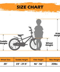 Size chart for 20 Inch BMX Style Kid Friendly Bike For Boys And Girls Ages 4 To 12 with height and weight details.