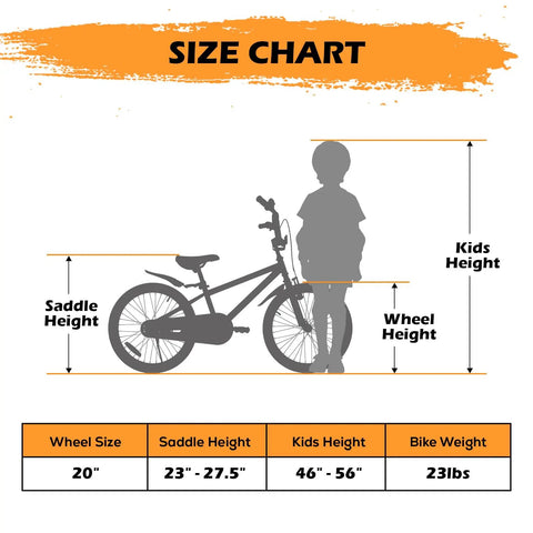 Size chart for 20 Inch BMX Style Kid Friendly Bike For Boys And Girls Ages 4 To 12 with height and weight details.