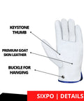 Beefy Goat Skin Leather Work Glove showing keystone thumb, premium leather, and hanging buckle, 1mm thick for tough tasks