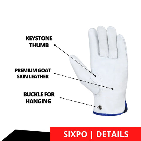 Beefy Goat Skin Leather Work Glove showing keystone thumb, premium leather, and hanging buckle, 1mm thick for tough tasks