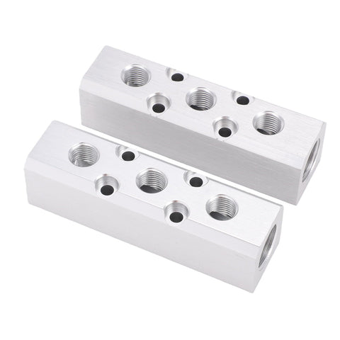 Three Way Aluminum Air Manifold With Five Ports, One Quarter Inch NPT Output And Half Inch NPT Supply Port, viewed from top angle