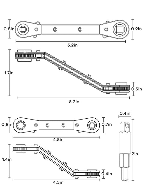 Technical illustration of HVAC Service Wrench Set for Refrigeration and Air Conditioning, showing dimensions and curved design.