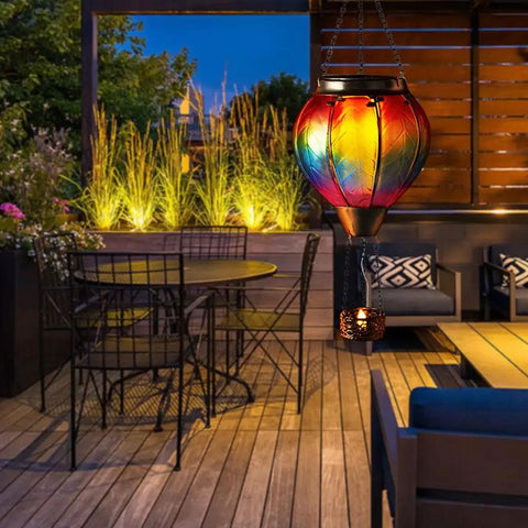 Hot Air Balloon Solar Lantern With Candle Holder Lit Flickering Flame Hanging Outdoor Garden Light on patio