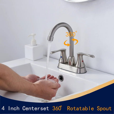 4 Inch Centerset RV Bathroom Faucet In Brushed Nickel Modern Camper Vanity Sink Tap Two-Handle Stainless Steel Lavatory Faucet In Use