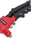 Heavy-Duty One-Handed Pop Rivet Gun For Quick Metal Fabric Leather And Auto Repairs Fits 3/32 1/8 5/32 And 3/16 Inch Blind Rivets close-up view with grip handles.